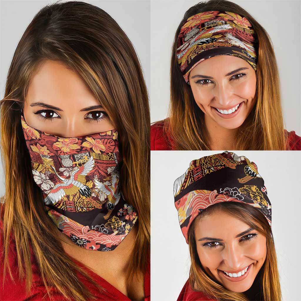 Japanese Hawaiian Crane Neck Gaiter Yellow Ochre Tapa Patchwork Pattern