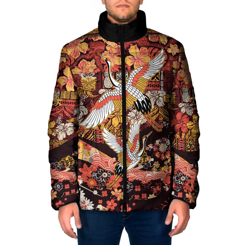 Japanese Hawaiian Crane Padded Jacket Yellow Ochre Tapa Patchwork Pattern
