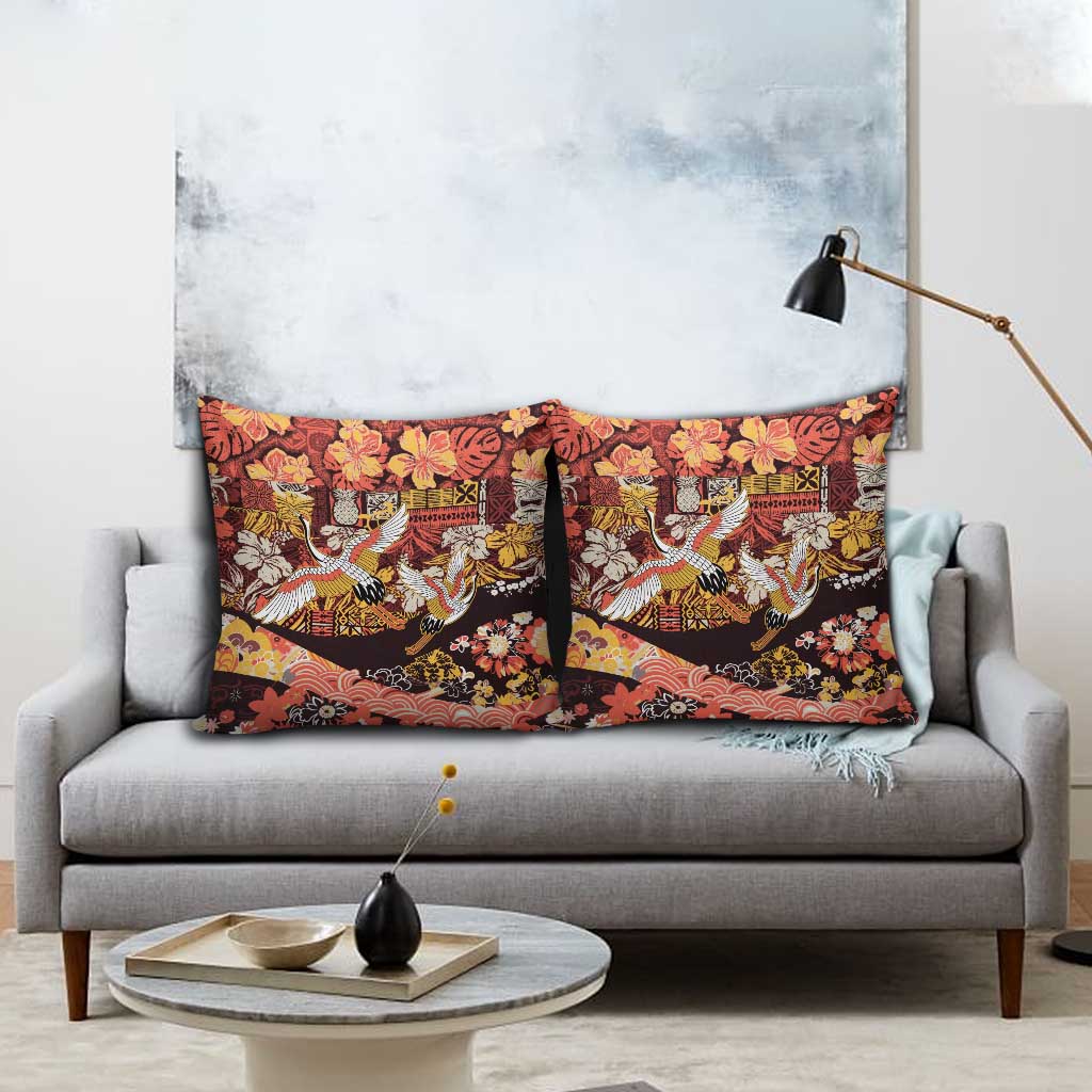 Japanese Hawaiian Crane Pillow Cover Yellow Ochre Tapa Patchwork Pattern