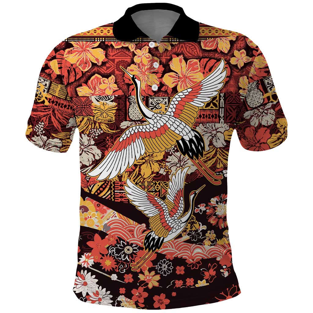 Japanese Hawaiian Crane Polo Shirt Yellow Ochre Tapa Patchwork Pattern