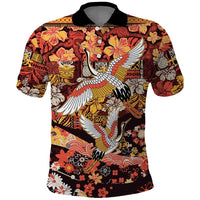 Japanese Hawaiian Crane Polo Shirt Yellow Ochre Tapa Patchwork Pattern