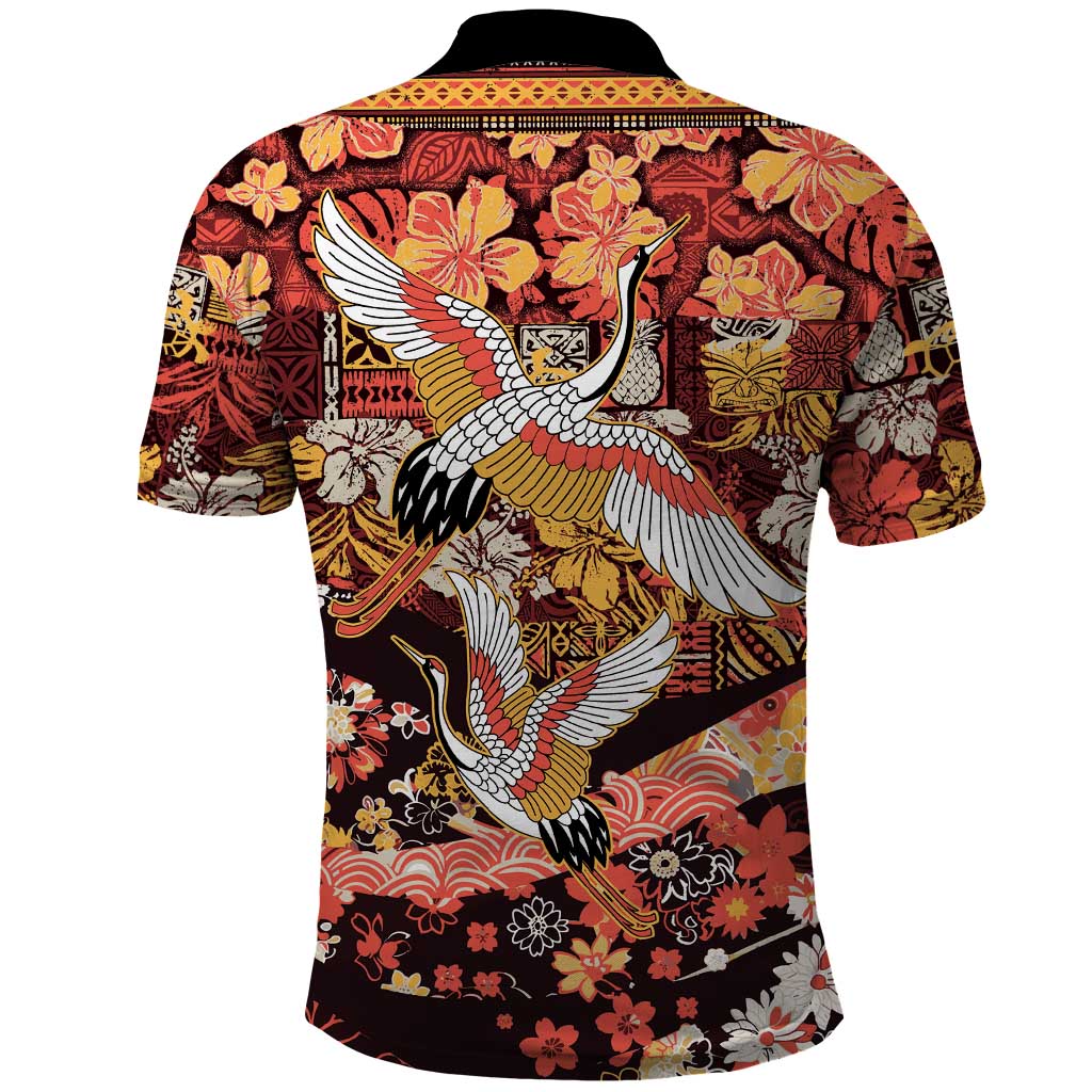 Japanese Hawaiian Crane Polo Shirt Yellow Ochre Tapa Patchwork Pattern