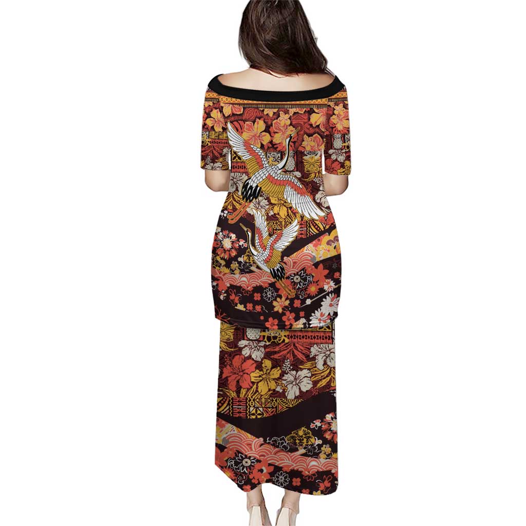 Japanese Hawaiian Crane Puletasi Yellow Ochre Tapa Patchwork Pattern