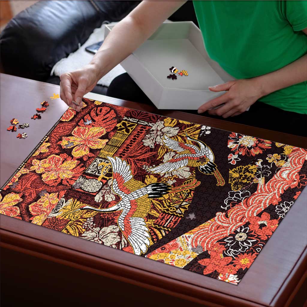 Japanese Hawaiian Crane Puzzle Yellow Ochre Tapa Patchwork Pattern