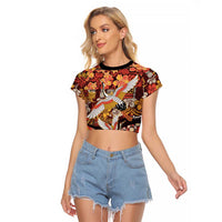 Japanese Hawaiian Crane Raglan Cropped T Shirt Yellow Ochre Tapa Patchwork Pattern LT9 Female Yellow - Polynesian Pride