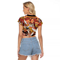 Japanese Hawaiian Crane Raglan Cropped T Shirt Yellow Ochre Tapa Patchwork Pattern LT9 - Polynesian Pride