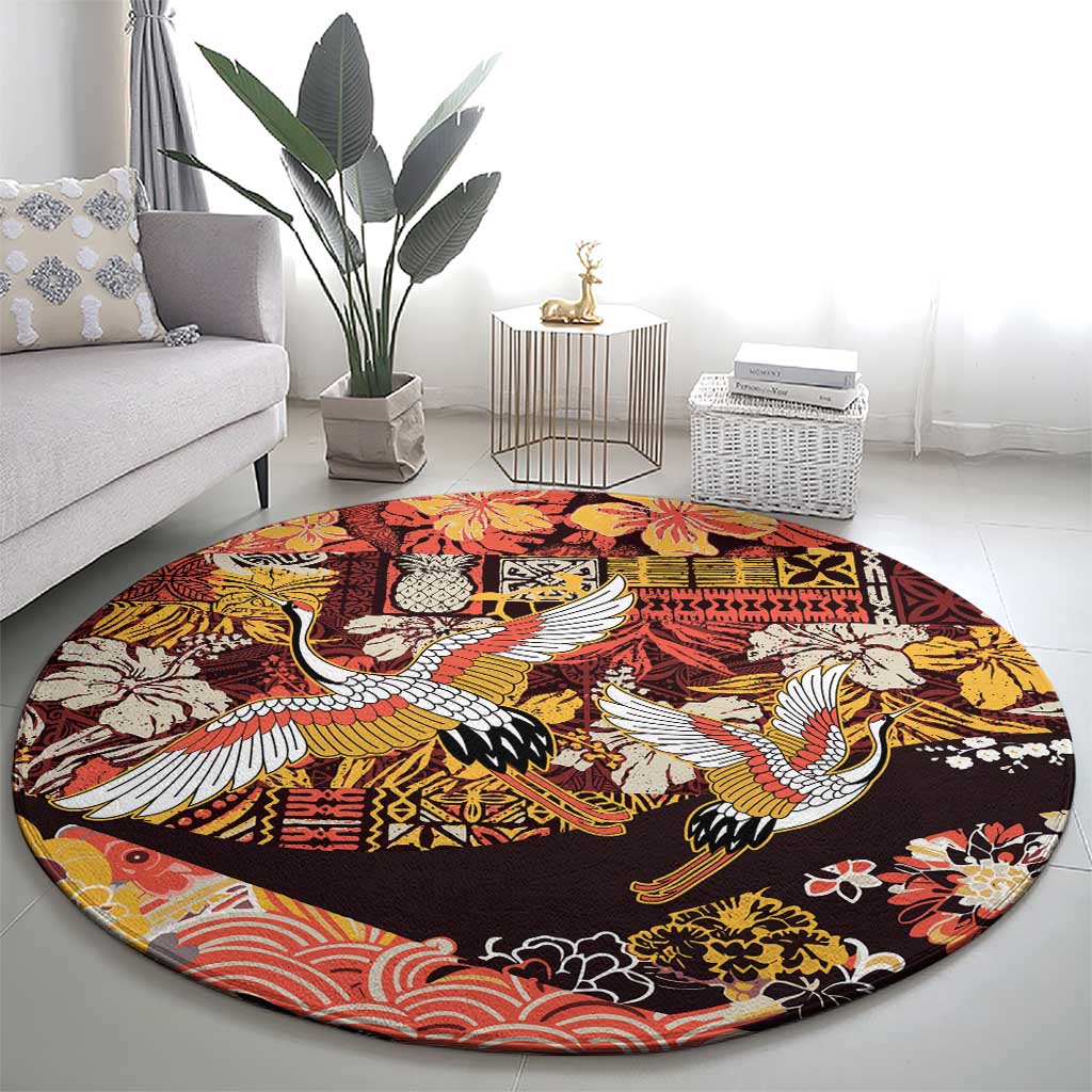 Japanese Hawaiian Crane Round Carpet Yellow Ochre Tapa Patchwork Pattern