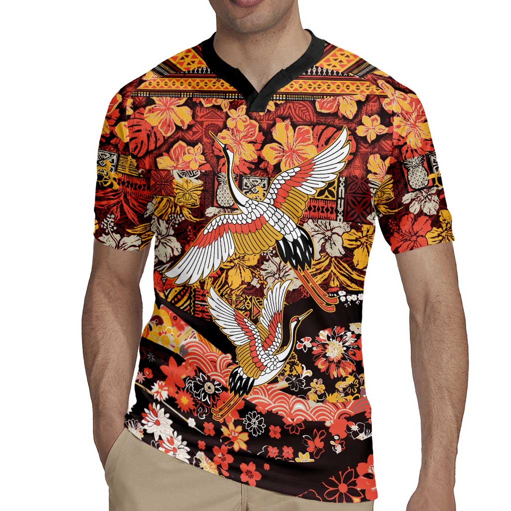 Japanese Hawaiian Crane Rugby Jersey Yellow Ochre Tapa Patchwork Pattern