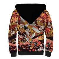 Japanese Hawaiian Crane Sherpa Hoodie Yellow Ochre Tapa Patchwork Pattern