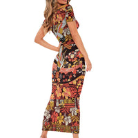 Japanese Hawaiian Crane Short Sleeve Bodycon Dress Yellow Ochre Tapa Patchwork Pattern