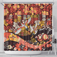 Japanese Hawaiian Crane Shower Curtain Yellow Ochre Tapa Patchwork Pattern