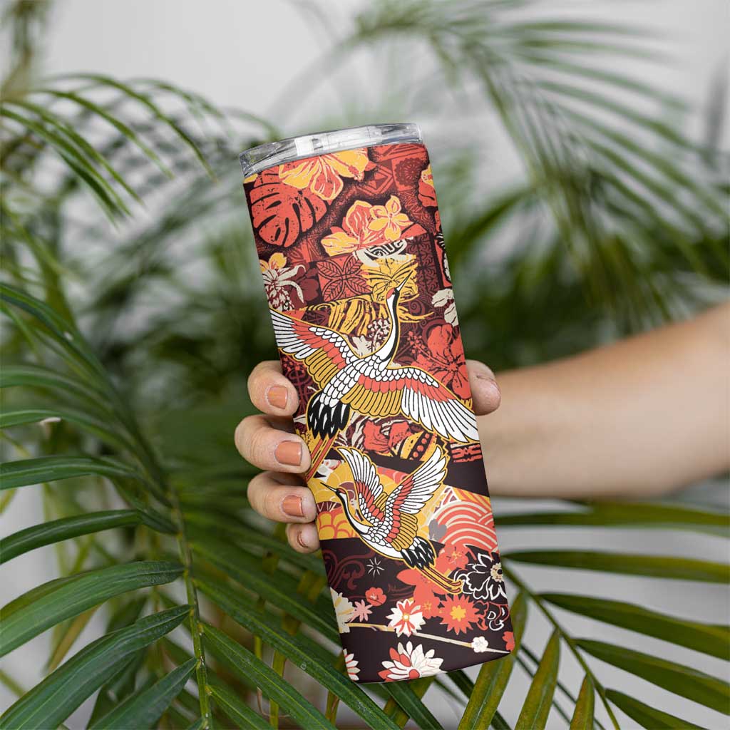 Japanese Hawaiian Crane Skinny Tumbler Yellow Ochre Tapa Patchwork Pattern