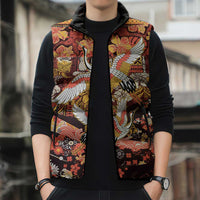 Japanese Hawaiian Crane Sleeveless Puffer Jacket Yellow Ochre Tapa Patchwork Pattern