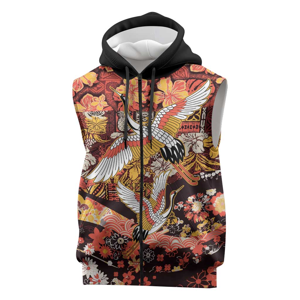 Japanese Hawaiian Crane Sleeveless Zip Hoodie Yellow Ochre Tapa Patchwork Pattern