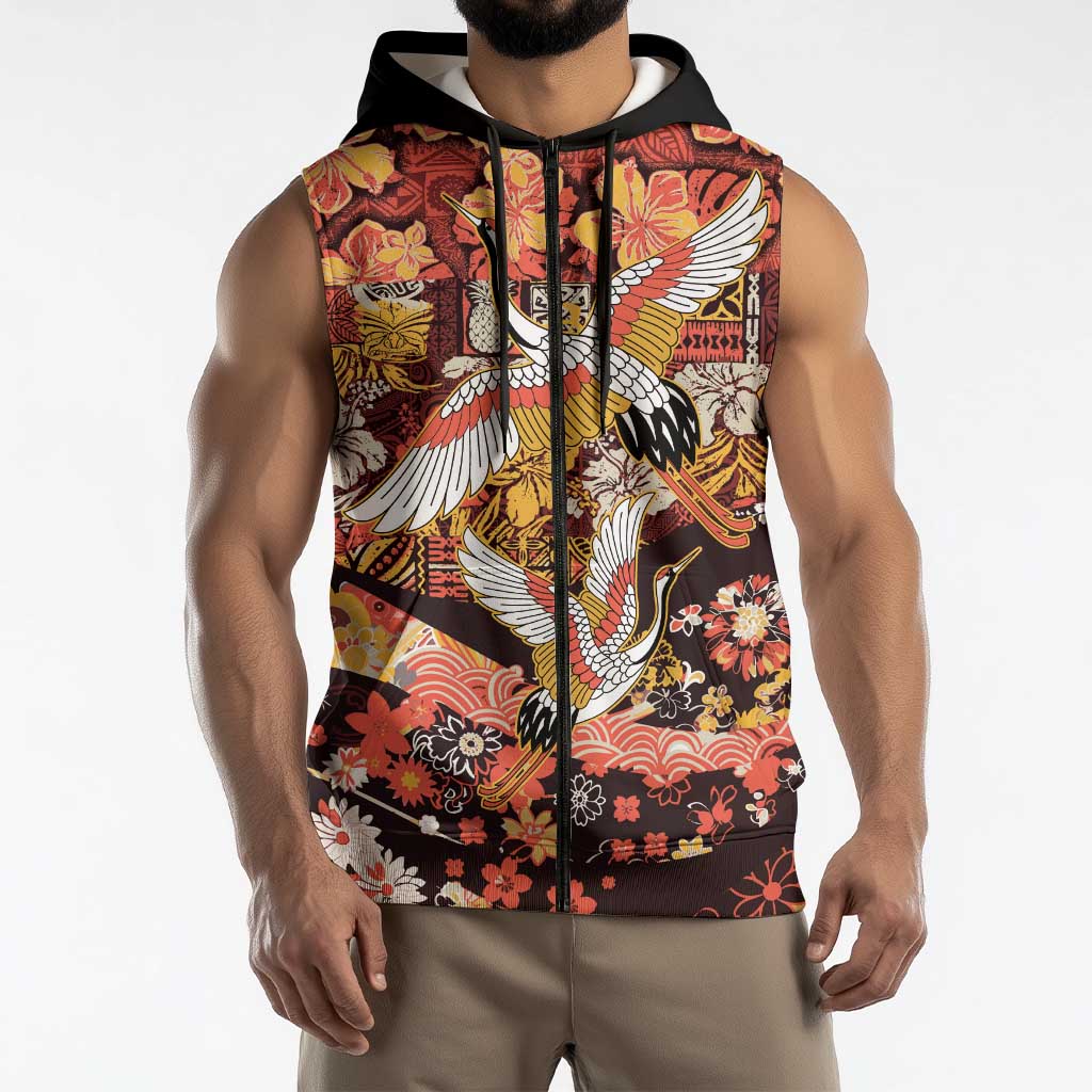 Japanese Hawaiian Crane Sleeveless Zip Hoodie Yellow Ochre Tapa Patchwork Pattern