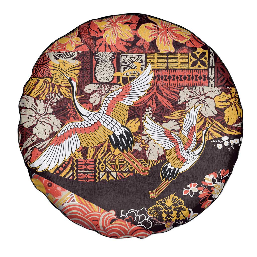 Japanese Hawaiian Crane Spare Tire Cover Yellow Ochre Tapa Patchwork Pattern
