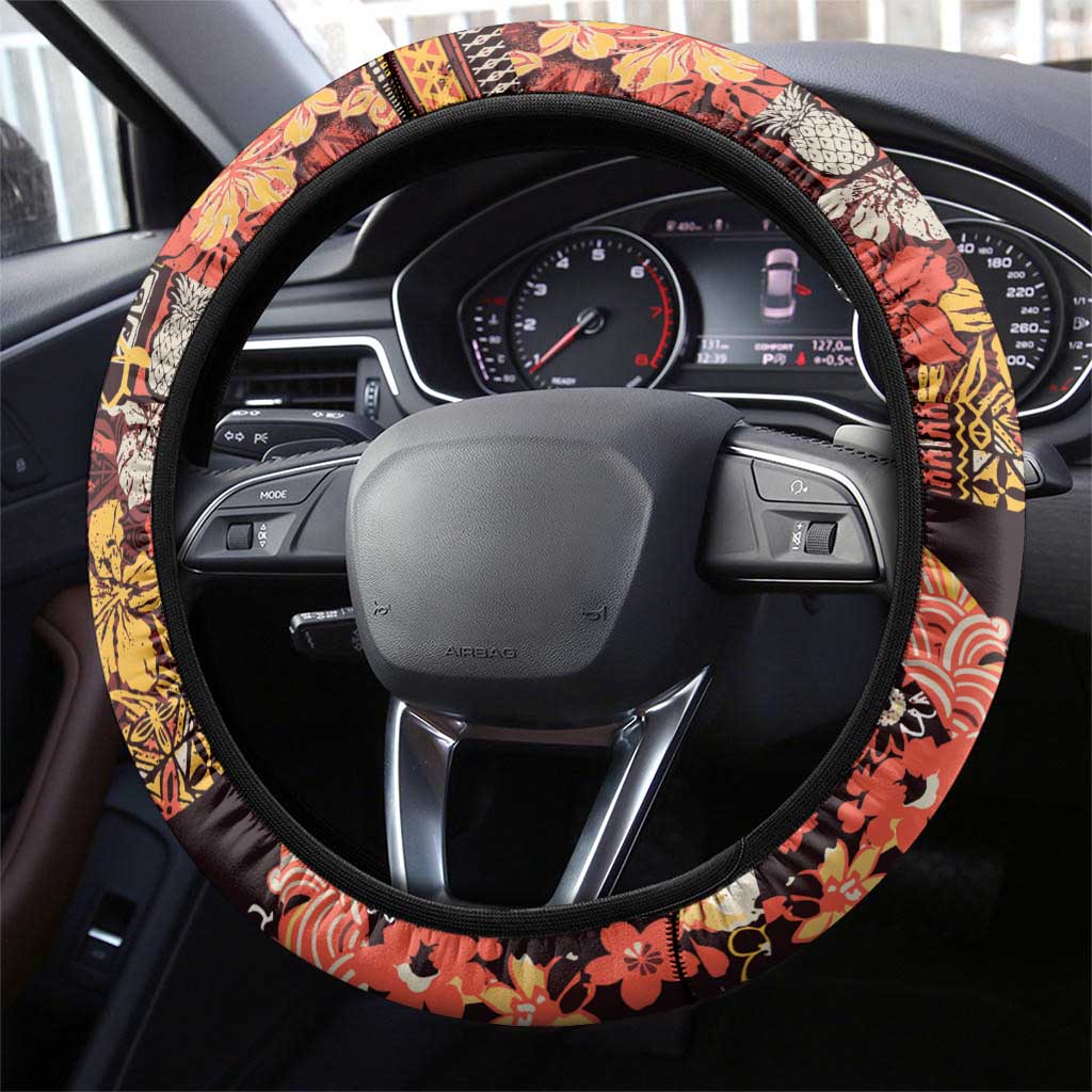 Japanese Hawaiian Crane Steering Wheel Cover Yellow Ochre Tapa Patchwork Pattern
