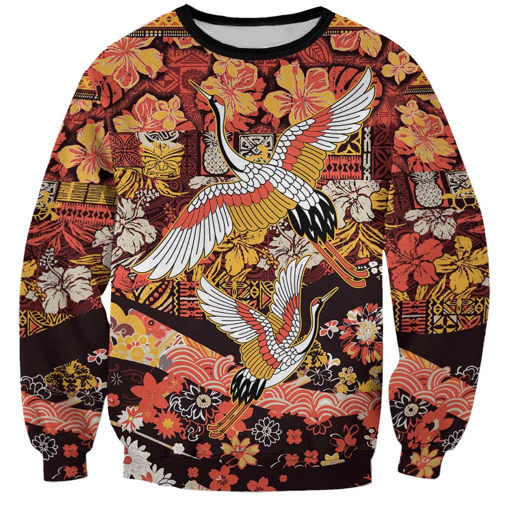 Japanese Hawaiian Crane Sweatshirt Yellow Ochre Tapa Patchwork Pattern