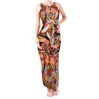 Japanese Hawaiian Crane Tank Maxi Dress Yellow Ochre Tapa Patchwork Pattern