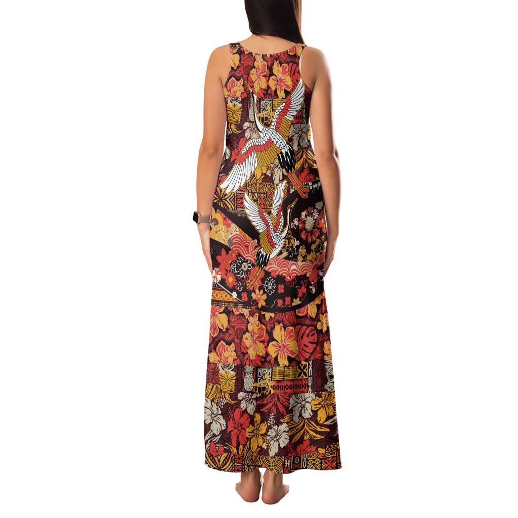 Japanese Hawaiian Crane Tank Maxi Dress Yellow Ochre Tapa Patchwork Pattern