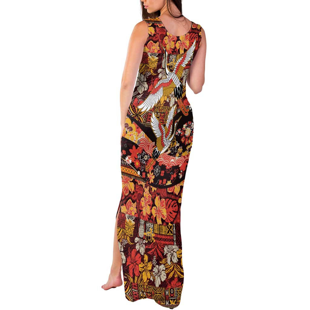 Japanese Hawaiian Crane Tank Maxi Dress Yellow Ochre Tapa Patchwork Pattern
