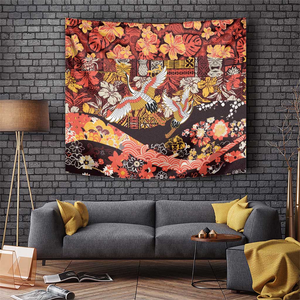Japanese Hawaiian Crane Tapestry Yellow Ochre Tapa Patchwork Pattern