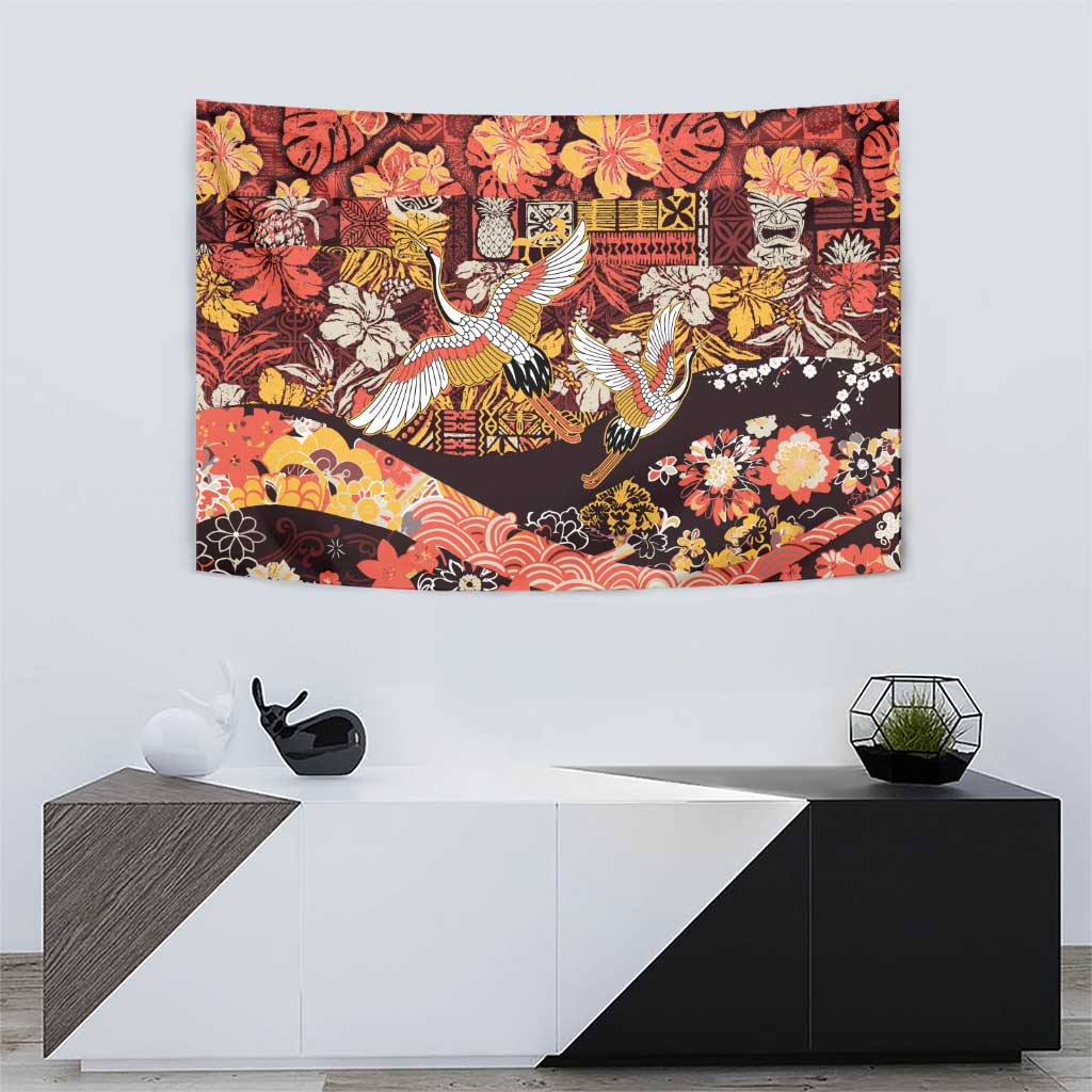 Japanese Hawaiian Crane Tapestry Yellow Ochre Tapa Patchwork Pattern