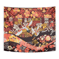 Japanese Hawaiian Crane Tapestry Yellow Ochre Tapa Patchwork Pattern