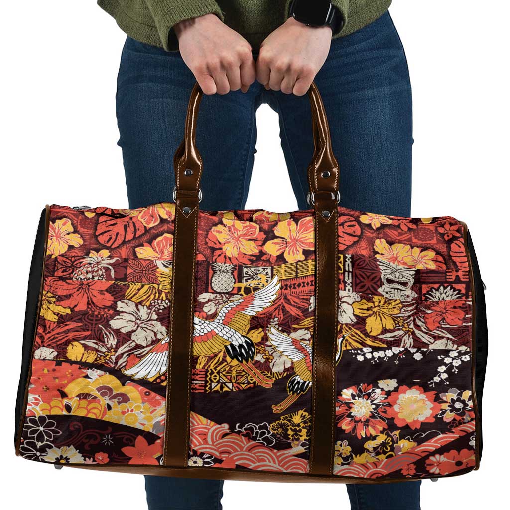 Japanese Hawaiian Crane Travel Bag Yellow Ochre Tapa Patchwork Pattern