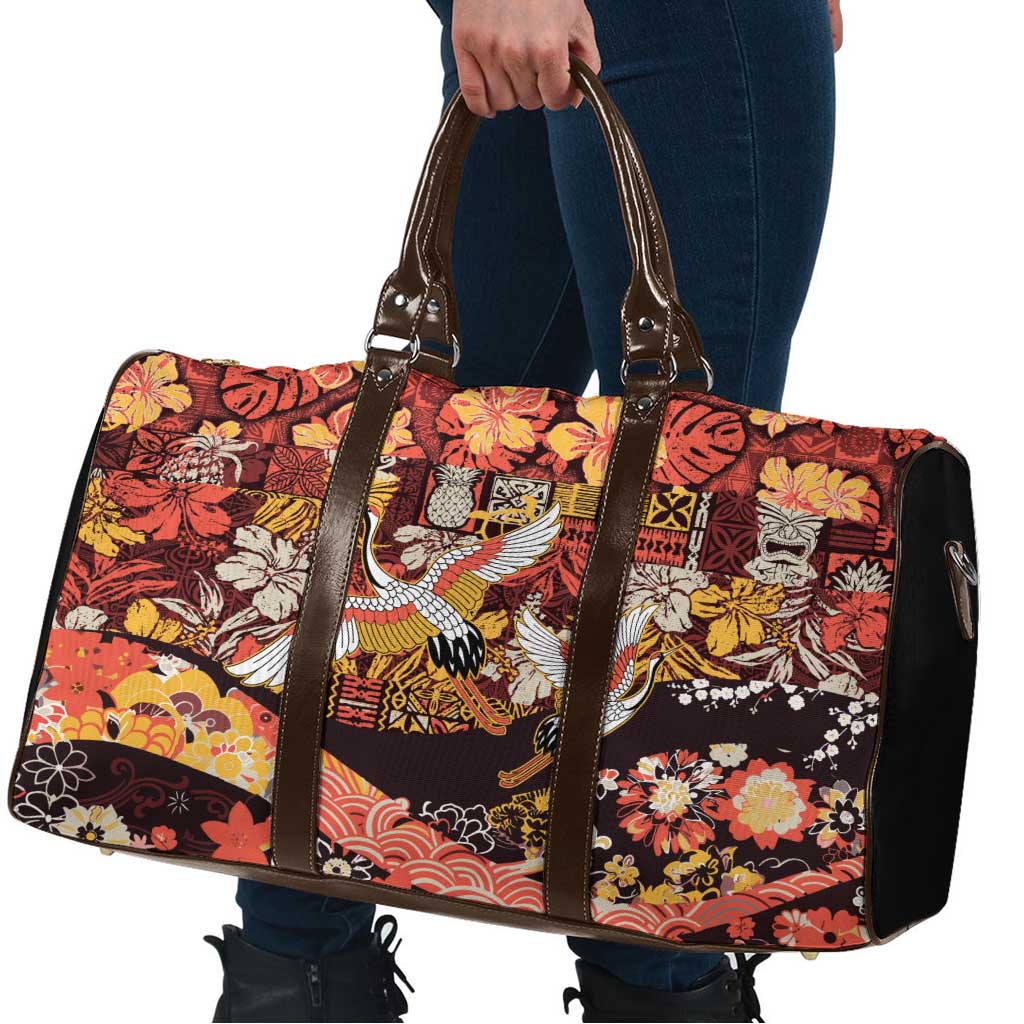 Japanese Hawaiian Crane Travel Bag Yellow Ochre Tapa Patchwork Pattern