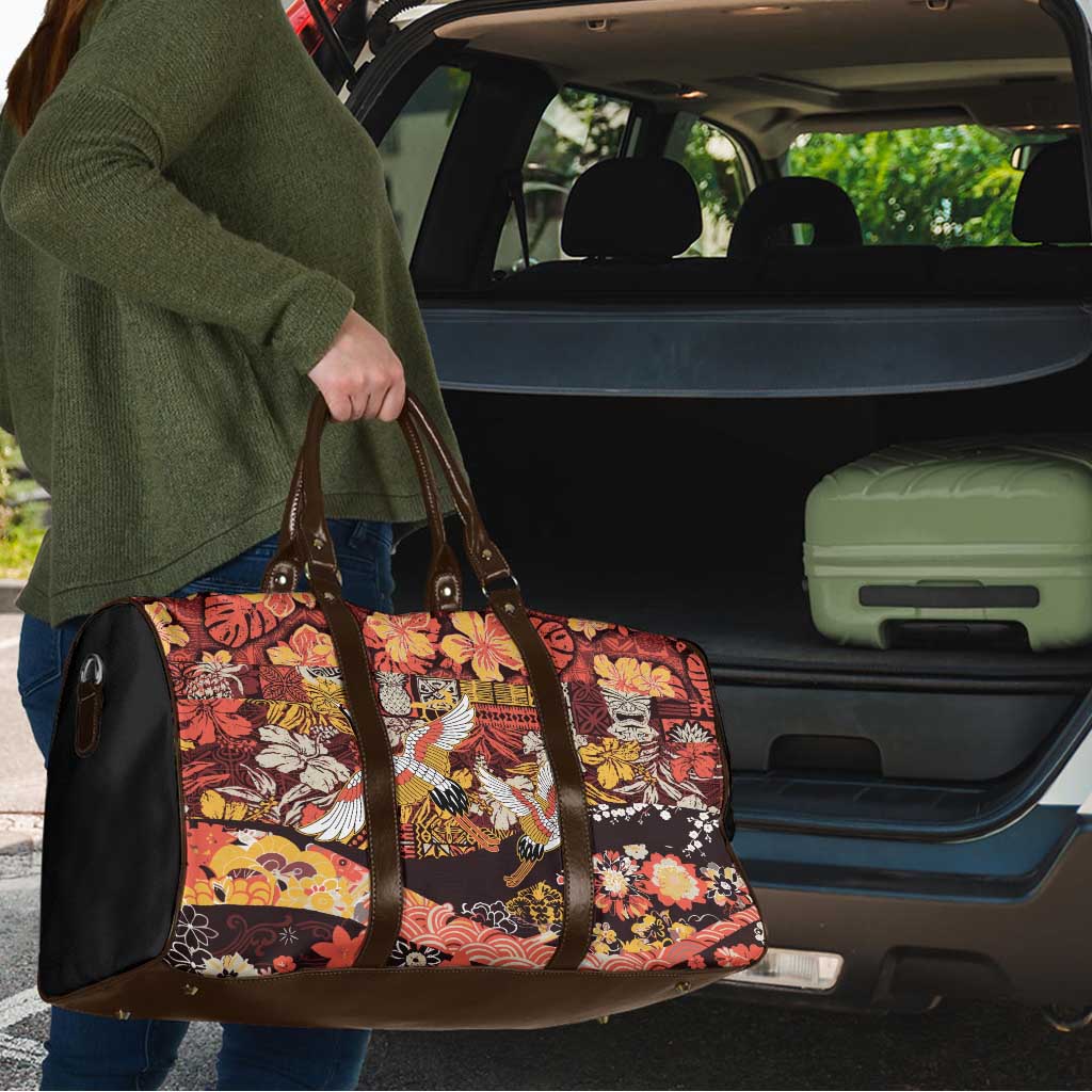 Japanese Hawaiian Crane Travel Bag Yellow Ochre Tapa Patchwork Pattern
