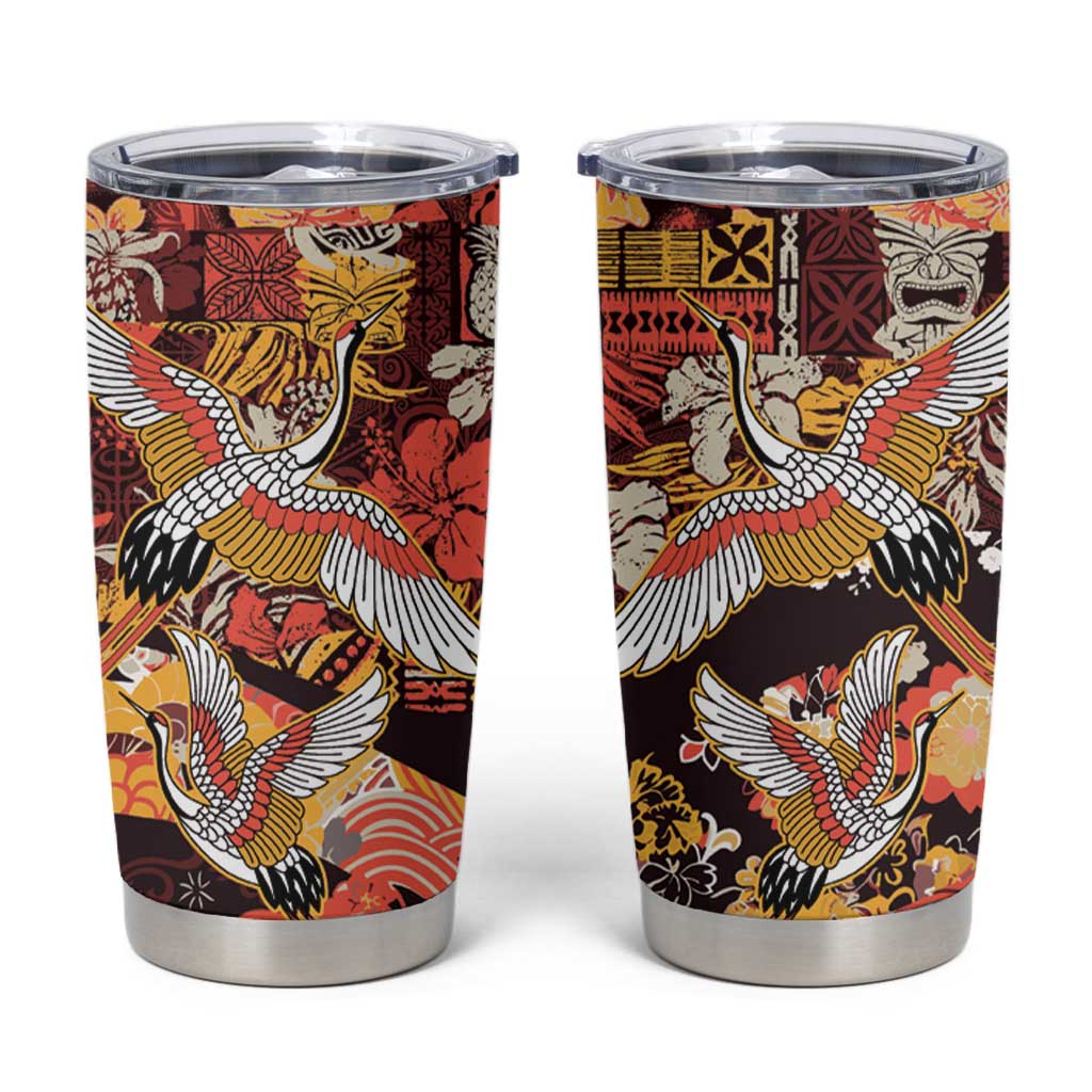 Japanese Hawaiian Crane Tumbler Cup Yellow Ochre Tapa Patchwork Pattern