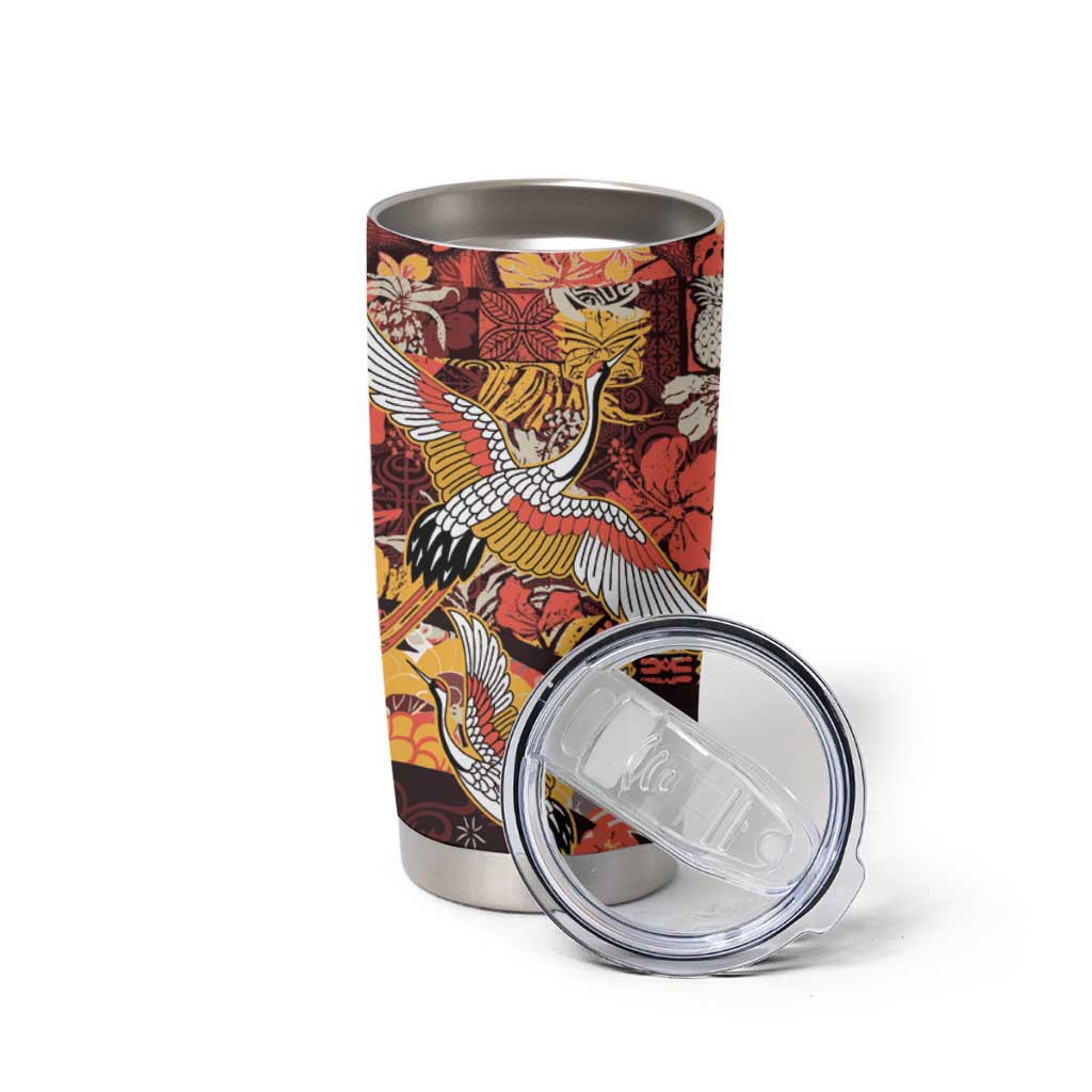 Japanese Hawaiian Crane Tumbler Cup Yellow Ochre Tapa Patchwork Pattern