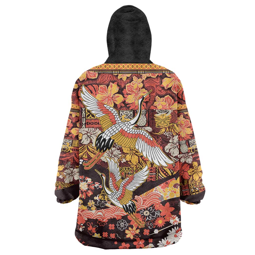 Japanese Hawaiian Crane Wearable Blanket Hoodie Yellow Ochre Tapa Patchwork Pattern