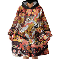 Japanese Hawaiian Crane Wearable Blanket Hoodie Yellow Ochre Tapa Patchwork Pattern