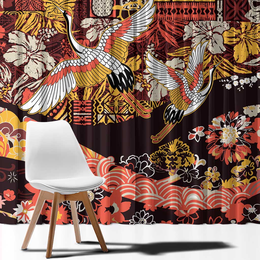 Japanese Hawaiian Crane Window Curtain Yellow Ochre Tapa Patchwork Pattern