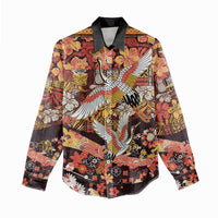 Japanese Hawaiian Crane Women Casual Shirt Yellow Ochre Tapa Patchwork Pattern
