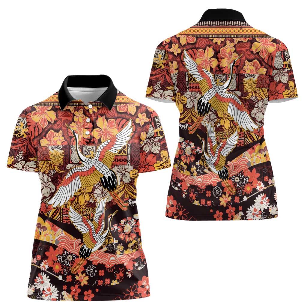 Japanese Hawaiian Crane Women Polo Shirt Yellow Ochre Tapa Patchwork Pattern