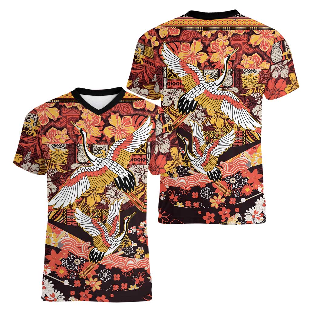 Japanese Hawaiian Crane Women V-Neck T-Shirt Yellow Ochre Tapa Patchwork Pattern