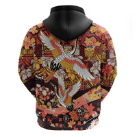 Japanese Hawaiian Crane Zip Hoodie Yellow Ochre Tapa Patchwork Pattern