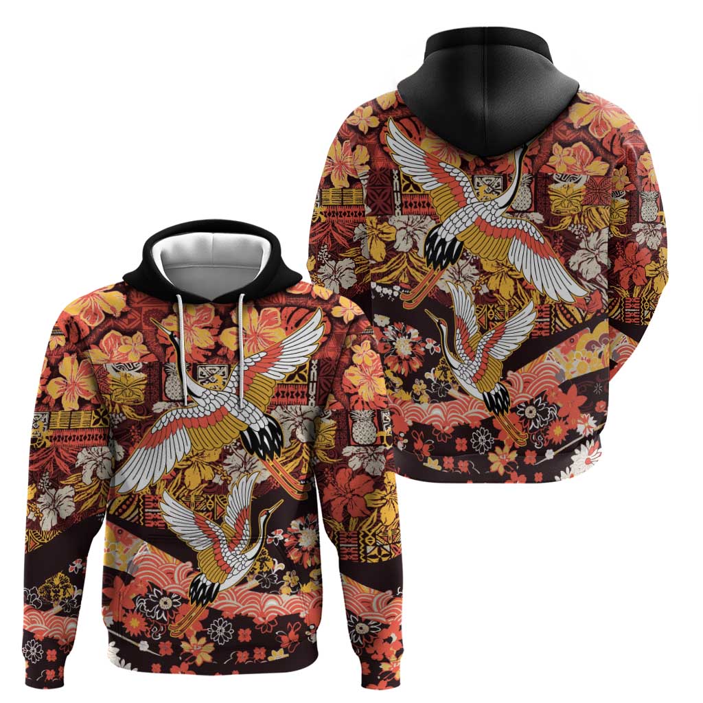Japanese Hawaiian Crane Zip Hoodie Yellow Ochre Tapa Patchwork Pattern