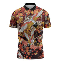Japanese Hawaiian Crane Zipper Polo Shirt Yellow Ochre Tapa Patchwork Pattern LT9 Yellow - Polynesian Pride