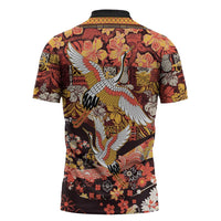 Japanese Hawaiian Crane Zipper Polo Shirt Yellow Ochre Tapa Patchwork Pattern LT9 - Polynesian Pride