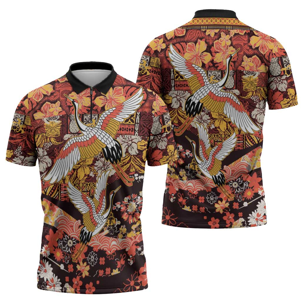 Japanese Hawaiian Crane Zipper Polo Shirt Yellow Ochre Tapa Patchwork Pattern LT9 - Polynesian Pride