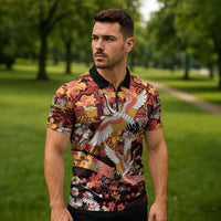Japanese Hawaiian Crane Zipper Polo Shirt Yellow Ochre Tapa Patchwork Pattern LT9 - Polynesian Pride