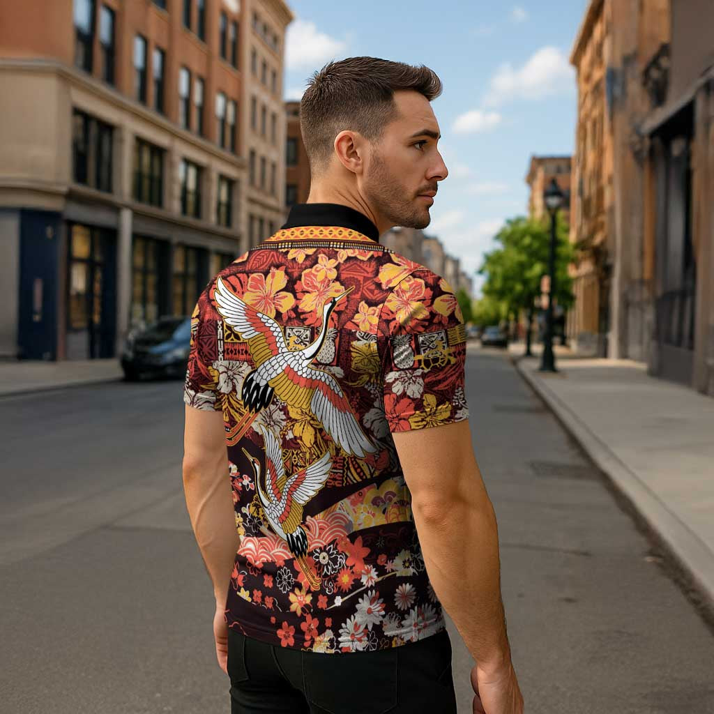 Japanese Hawaiian Crane Zipper Polo Shirt Yellow Ochre Tapa Patchwork Pattern LT9 - Polynesian Pride
