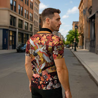 Japanese Hawaiian Crane Zipper Polo Shirt Yellow Ochre Tapa Patchwork Pattern LT9 - Polynesian Pride