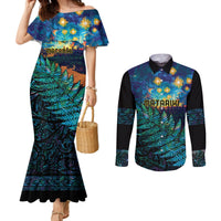 Matariki Te Tau Hou Maori Couples Matching Mermaid Dress and Long Sleeve Button Shirt New Zealand Silver Fern Night Starry Sky LT9 Black - Polynesian Pride