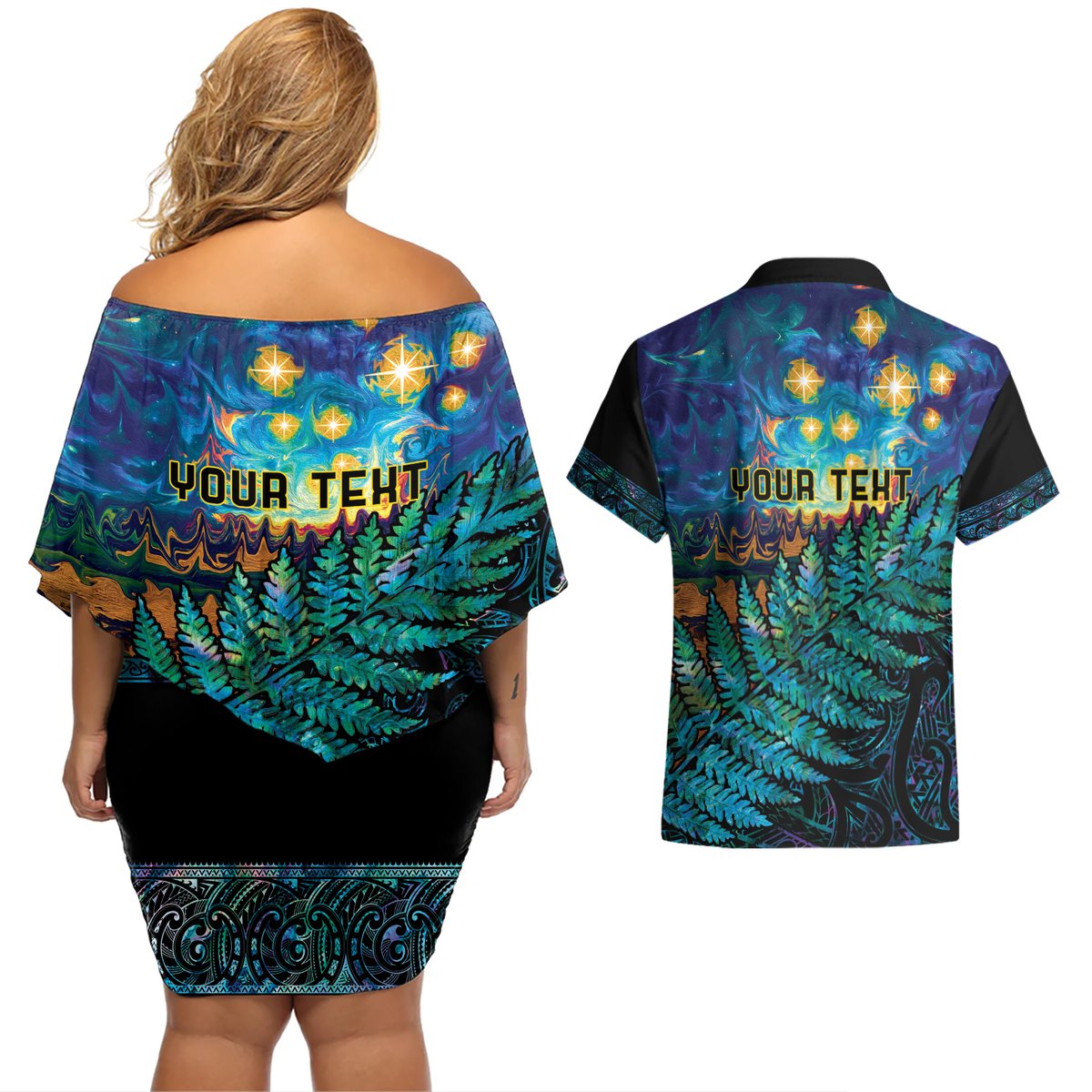 Matariki Te Tau Hou Maori Couples Matching Off Shoulder Short Dress and Hawaiian Shirt New Zealand Silver Fern Night Starry Sky LT9 - Polynesian Pride