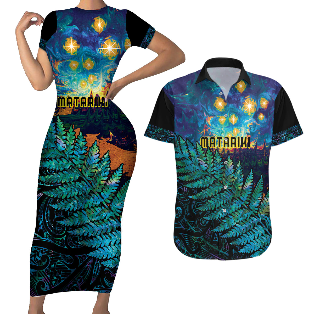 Matariki Te Tau Hou Maori Couples Matching Short Sleeve Bodycon Dress and Hawaiian Shirt New Zealand Silver Fern Night Starry Sky LT9 Black - Polynesian Pride